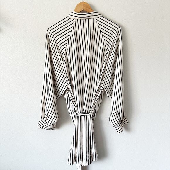 EXPRESS | White Black Vertical Stripe Shirt Tunic Belt Oversized | Size Large - Picture 2 of 7